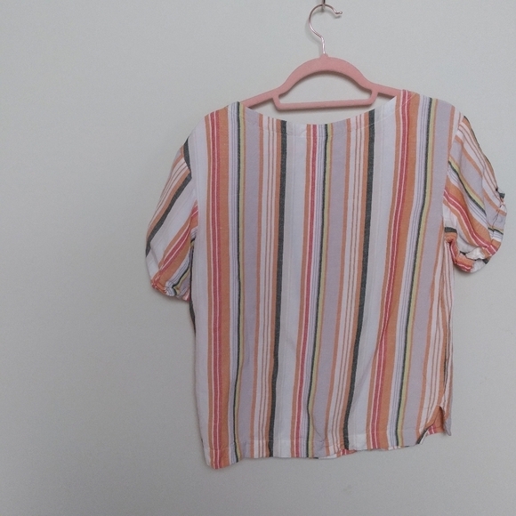 A New Day Orange and Green Striped Short Sleeve Linen Blend Blouse Size XS - Picture 2 of 7